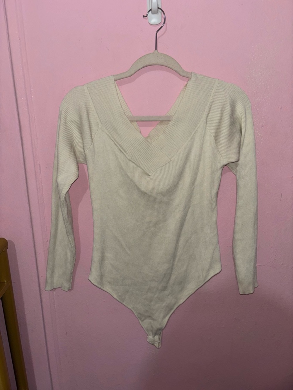 Fashion Nova Cream V-Neck Ribbed Long Sleeve Thong Bodysuit